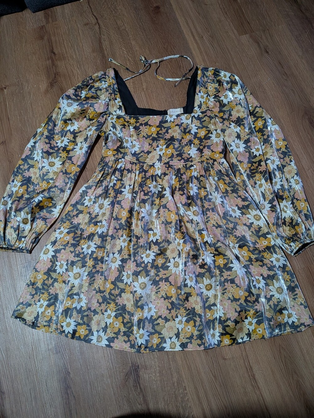 Altar'd State Retro Floral Metallic Mini Dress Jrs Medium